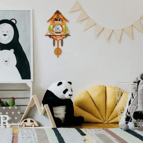 Vista 6 de FITBEST Reloj de cuco tradicional de madera hecho a mano con pájaros, funciona con pilas, reloj de cuarzo de péndulo de pared para decoración