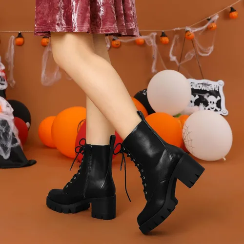 Vista 2 de Allegra K Botas de combate de tacón grueso con plataforma con cordones para mujer, M