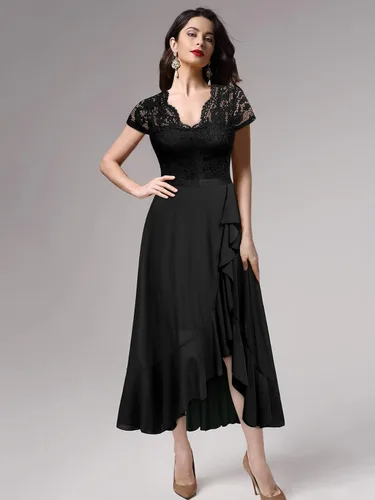Vista 4 de Miusol - Vestido largo elegante para mujer, con volantes, encaje y cuello en V, ideal para damas de honor