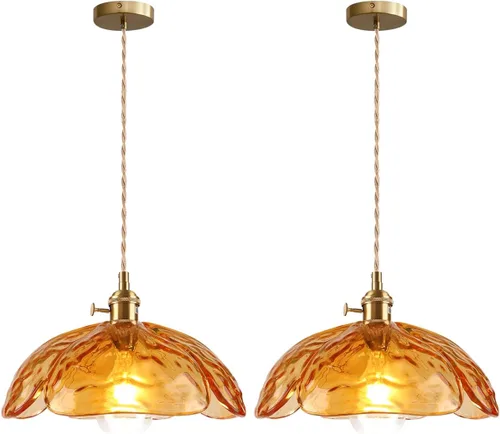 Vista 16 de Lámpara colgante colgante de 1 luz, lámparas colgantes de latón dorado, pantalla de vidrio de flores verdes, iluminación colgante moderna