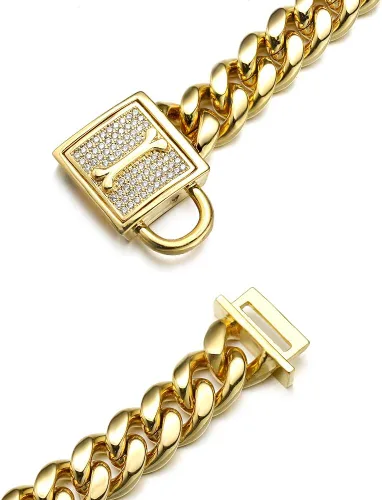 Vista 4 de Collar de cadena para perro, collar de cadena cubana resistente de 0.47 pulgadas, acero inoxidable 316L plata/oro, collar de entrenamiento de perro