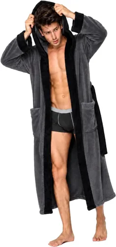 Vista 17 de KEMUSI Bata suave tipo herringbone con capucha para hombre, bata de spa de longitud completa, cómoda y cálida de noche Negro