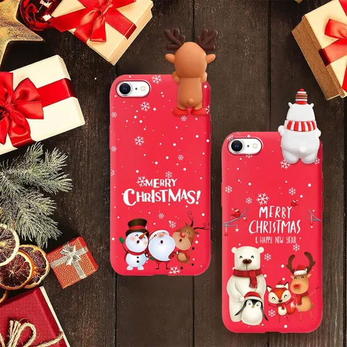 Vista 3 de Pack de 2 Fundas Lindas de Navidad para iPhone 7/8 / SE 2020/2022 4.7", Oso Rojo, Alce, Muñeca 3D, Muñeco de Nieve, Patrón Feliz Navidad, Silicona