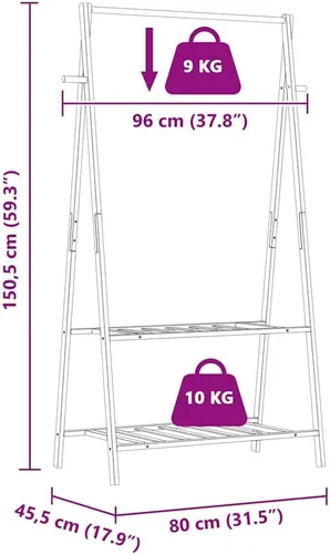 Vista 9 de Bamboo Clothing Rack, Varnished Finish, Adjustable Shelves, Foldable Garment Hanger for Bedroom Storage