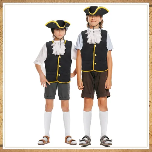 Vista 7 de Ramede Conjunto de disfraz colonial para niños y niños, disfraz de guerra revolucionaria, chaleco de tricornio, gorro de tricornio, calcetines
