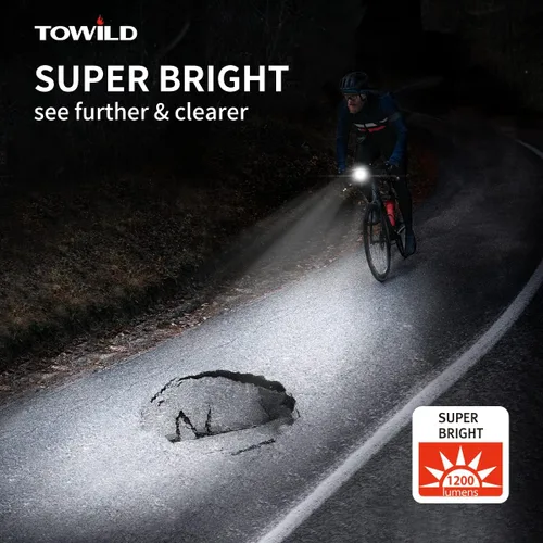 Vista 2 de TOWILD CL1200 Bike Lights for Night Riding,Compatible with Garmin/GoPro Mount,1200 Lumen Bike Headlight,5000mAh Rechargeable Battery,Waterproof Bike