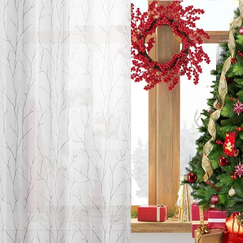 Vista 50 de BUHUA Cortinas pequeñas para ventana de 36 pulgadas de largo, 2 paneles, cortinas opacas con elegantes ramas de árbol plateadas, cortinas de bloqueo