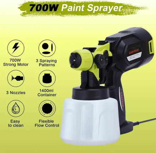 Vista 2 de Pulverizador de pintura, pistola de pulverización HVLP de 800 W con control de flujo ajustable, 3 boquillas y 3 patrones de pulverización (verde)