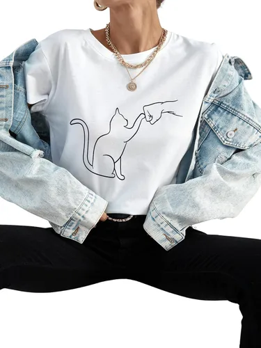 Vista 3 de SweatyRocks Camiseta básica de manga corta con estampado de gato y cuello redondo para mujer