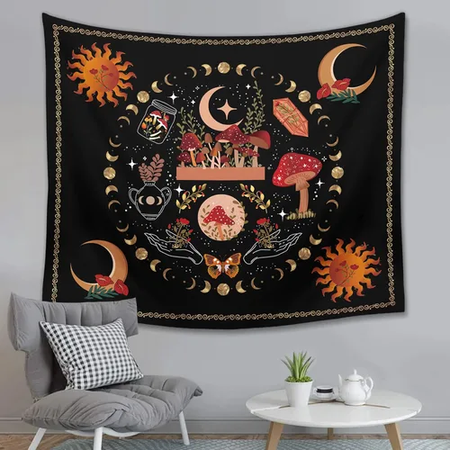Vista 5 de Ftuency Tapiz de hongos y plantas naturales, tapices de fase lunar, decoración de flores estéticas para colgar en la pared para dormitorio, hogar