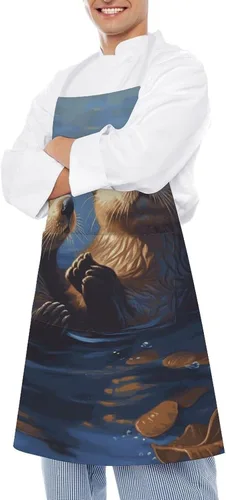 Vista 4 de MUSM Sea Otters Painting Apron，Classic Vintage Funny with Pockets Aprons,Adjustable Bib Waterdrop Resistant for Kitchen Cooking Restaurant BBQ