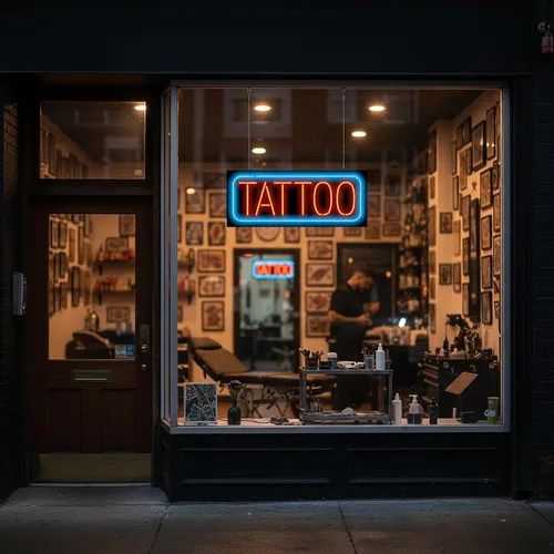 Vista 2 de Letrero de neón de tatuaje con borde, tamaño grande, 32 pulgadas de ancho x 13 pulgadas de alto, letras rojas con un borde exterior azul, tubo