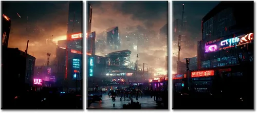Vista 98 de Arte de pared de 3 piezas de escena de ciencia ficción de la calle comercial futurista paisaje urbano, decoración de pared para dormitorio