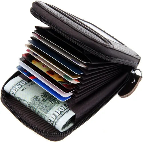 Vista 2 de RFID mini organizador de tarjetas de crédito, cuero auténtico, billetera compacta con visor de identificación, S, Coffee