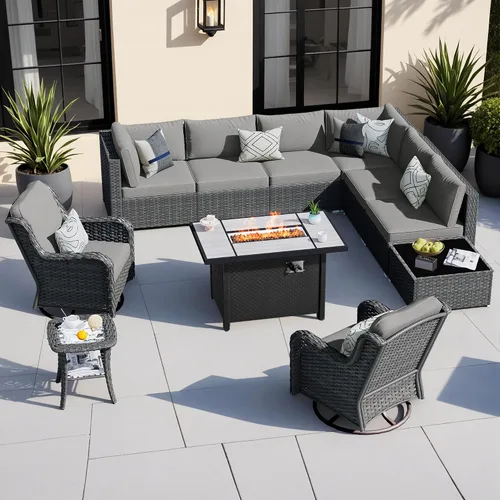 Vista 24 de HOOOWOOO Juego de sofá modular para patio al aire libre, 7 piezas en forma de U, juego de sofá de mimbre rústico para 6 personas, juego de Beige