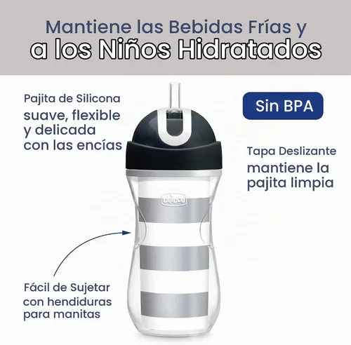 Vista 3 de Chicco Vaso con Pajita Abatible de 9 onzas Vaso Entrenador Aislado para Niños Pequeños con Pajita de Silicona Suave Sin Derrames Fácil