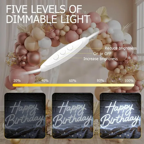 Vista 5 de Letrero de neón de feliz cumpleaños para decoración de pared, letrero con luz LED regulable Feliz cumpleaños-blanco