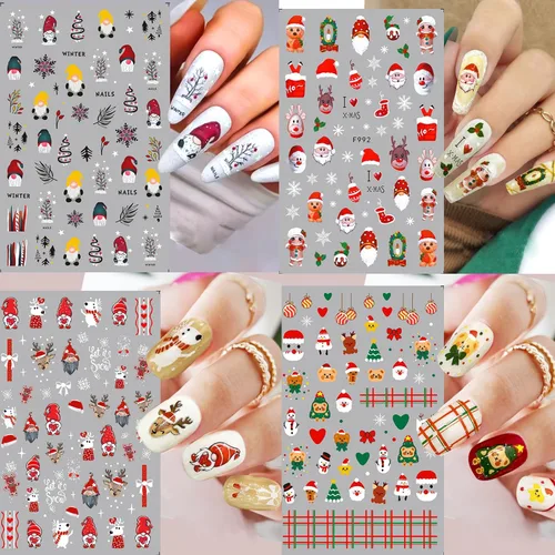 Vista 4 de Calcomanías de uñas – Navidad 3D, calcomanías autoadhesivas para uñas, patrón multicolor, 10 hojas, para arte de uñas