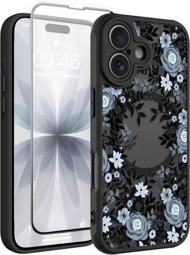 Vista 195 de Magnético para iPhone 13 con protector de pantalla [Compatible con MagSafe] Diseño de patrón floral de flores bonitas, funda delgada a prueba
