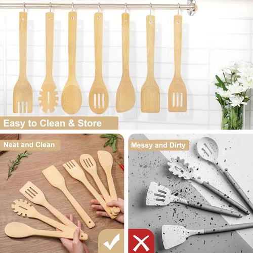 Vista 6 de [7 piezas] Las cucharas de madera para cocinar son para toda la cocina. Hechas de madera de bambú, espátula de madera y cuchara de madera de 11.8