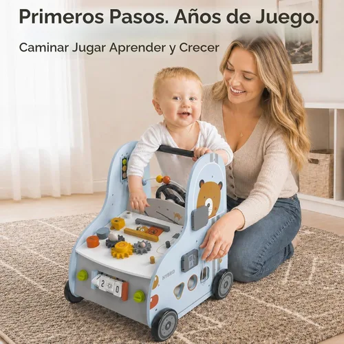 Vista 2 de Giant bean - Andador de bebé de madera con centro de actividades – Herramienta con tema de tráfico de automóviles, clasificador de formas de banco