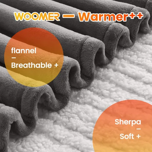 Vista 2 de WOOMER - Manta térmica de franela suave, tamaño matrimonial de 77 x 84 pulgadas, calentamiento rápido con opciones multicolor, 10 niveles