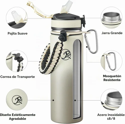 Vista 3 de GOSWAG - Botella de agua de viaje de acero inoxidable aislada de 24 onzas, 2 tapas with straw and no straw, Paracord handle, Double-wall vacuum