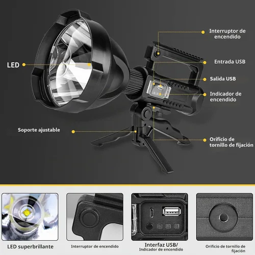 Vista 4 de Superbright - Linterna LED recargable de gran tamaño, 4 modos, de alta potencia, portátil, impermeable, reflector para camping, caza al aire libre