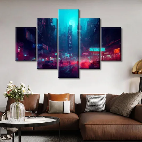Vista 170 de Cuadros de 5 paneles de Cyberpunk City, arte de pared, representación de vallas publicitarias, edificios modernos en la capital con obras de arte