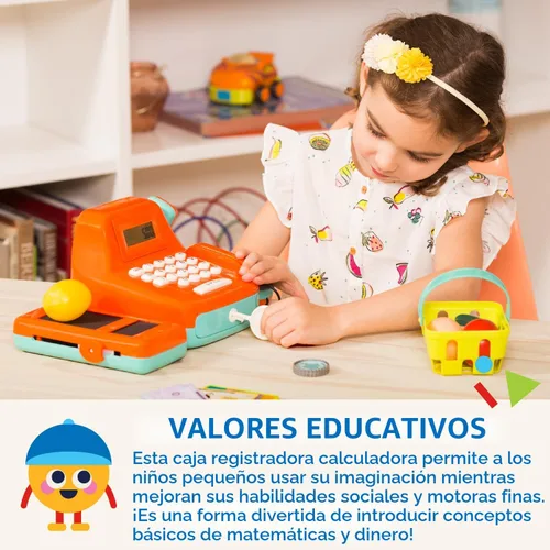 Vista 5 de Battat Kids - Caja registradora con escáner y sonidos, juego de 26 piezas Pretend play shopping set with calculator, light-up scanner, play money