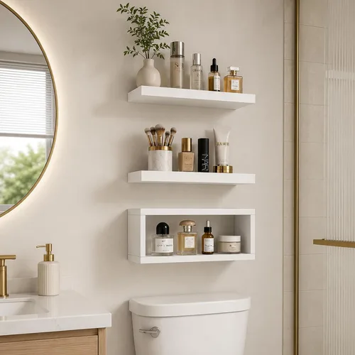 Vista 6 de RANK Estantes de baño sobre el inodoro, estantes flotantes montados en la pared, almacenamiento de papel higiénico, estante pequeño de decoración