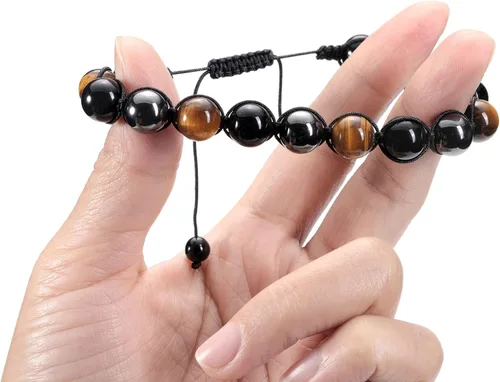 Vista 4 de Jovivi Pulsera de piedra de cristal de ojo de tigre de obsidiana negra de 0.315 in0.394 in para hombre, pulsera de piedra de lava con cuentas