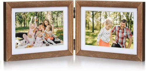 Vista 21 de Marco de fotos doble de 4 x 6 pulgadas con bisagras horizontales, marco de fotos plegable en madera de pino negro con vidrio real para mesa