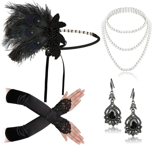 Vista 15 de Cizoe (aa) - Juego de accesorios de estilo Gatsby de la década de 1920, para mujer, diadema de estilo flapper, tocado, collar, guantes