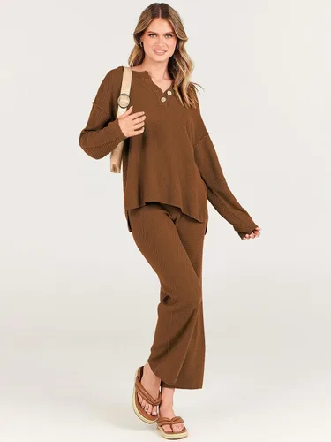 Vista 4 de ANRABESS Conjunto de 2 piezas para mujer, conjunto de suéter holgado holgado de punto de gran tamaño, conjunto de ropa de descanso a juego de moda