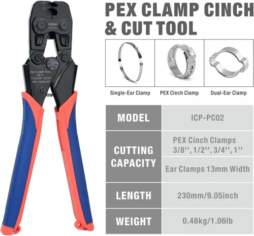 Vista 2 de iCrimp ICP-PC02 F2098 PEX Herramienta de abrazadera para pellizcar y cortar anillos de abrazadera PEX de acero inoxidable, 3/8 a 1 pulgada