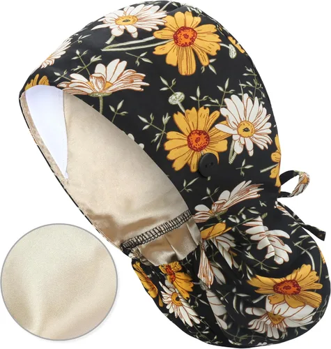 Vista 21 de QBA Gorra de trabajo ajustable con botón, gorro forrado de satén, gorro de trabajo de algodón, banda elástica para atar en la espalda, unisex