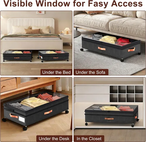 Vista 7 de Almacenamiento debajo de la cama con ruedas, paquete de 2 contenedores organizadores extragrandes de 70 litros con tapas, contenedor plegable