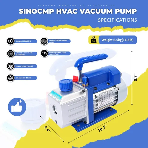 Vista 4 de 110V 1/3 HP 4CFM Bomba de vacío HVAC de una sola etapa y válvula de 3 vías, kit de manómetro de CA con detector de fugas para aire acondicionado