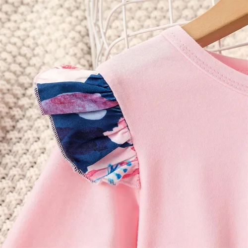 Vista 3 de TBUIALL Conjunto de dos piezas para niños pequeños, pantalones de flores, manga larga, con volantes, vestido de camiseta para niña