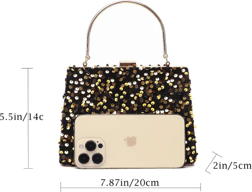 Vista 6 de Bolso de noche para mujer, con lentejuelas, trapezoidal, portátil, brillante, para fiesta, boda, cóctel, baile de graduación