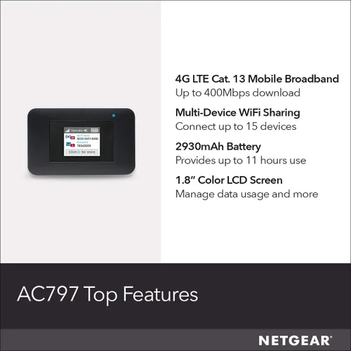 Vista 6 de NETGEAR Hotspot WiFi móvil Enrutador 4G LTE AC797-100NAS Velocidad de descarga de 400 Mbps Conecta hasta 15 dispositivos Crea una WLAN