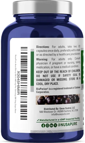 Vista 3 de NusaPure Cápsulas de bayas de acai 20000mg 200 cápsulas vegetales Sin OMG, extracto 501, bioperina