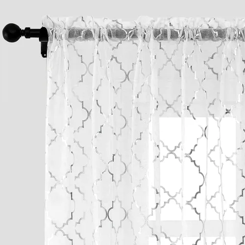 Vista 13 de Kotile - Cortinas doradas y blancas transparentes de 45 pulgadas de largo, juego de 2 paneles, con estampado marroquí metálico de ogee, cortinas