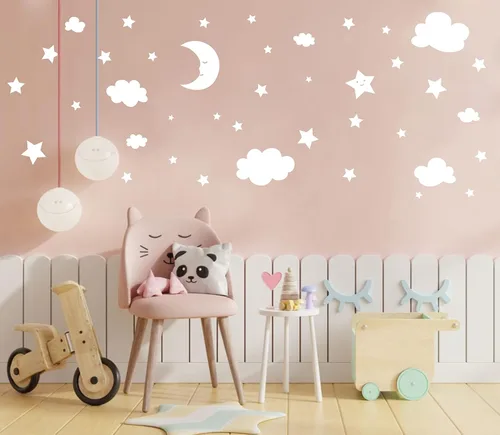 Vista 5 de Calcomanías de pared de luna creciente, estrellas y nubes, calcomanías de pared de luna y estrellas, cielo estrellado, decoración de sala