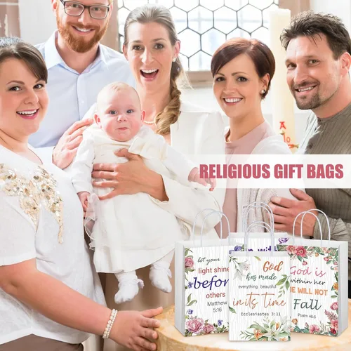 Vista 6 de Yeaqee 24 bolsas de regalo religiosas cristianas a granel con asas, 6 estilos reutilizables, flores religiosas, bautismo religioso, versículo