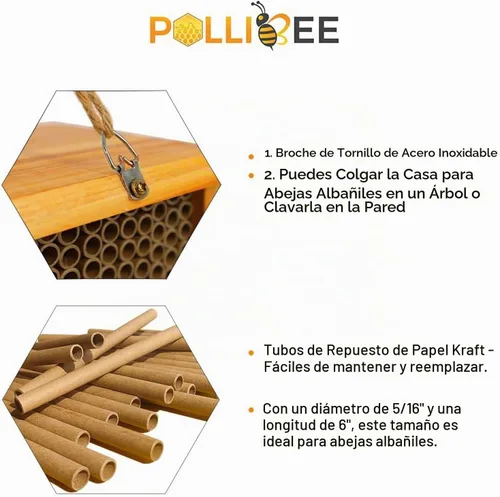 Vista 3 de Mason Bee House - Colmena de abejas de madera natural hecha a mano recubierta con cera para una larga vida útil y resistente al agua - Atrae