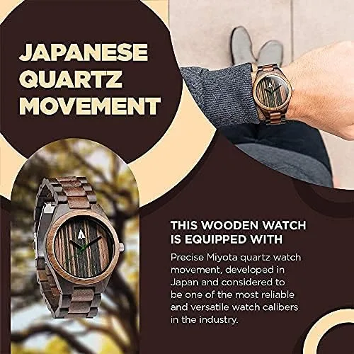 Vista 7 de treehut Reloj de madera para hombre con correa de madera ajustable y hebilla de acero inoxidable, reloj analógico de cuarzo japonés con caja