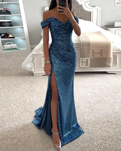 Vista 3 de SHSUREVE Vestidos de fiesta de lentejuelas para mujer, con hombros descubiertos, vestido largo de baile con abertura, vestido formal de fiesta