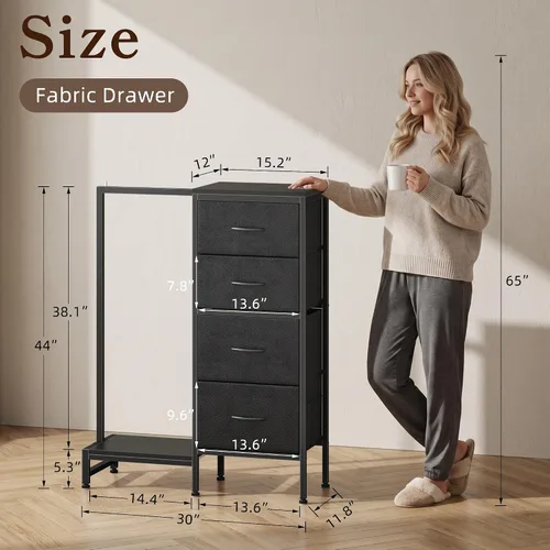 Vista 2 de HIGDBFE Cómoda alta de 44 pulgadas de alto con estante para colgar, cómoda pequeña de 4 cajones para dormitorio, cómoda de tela reversible